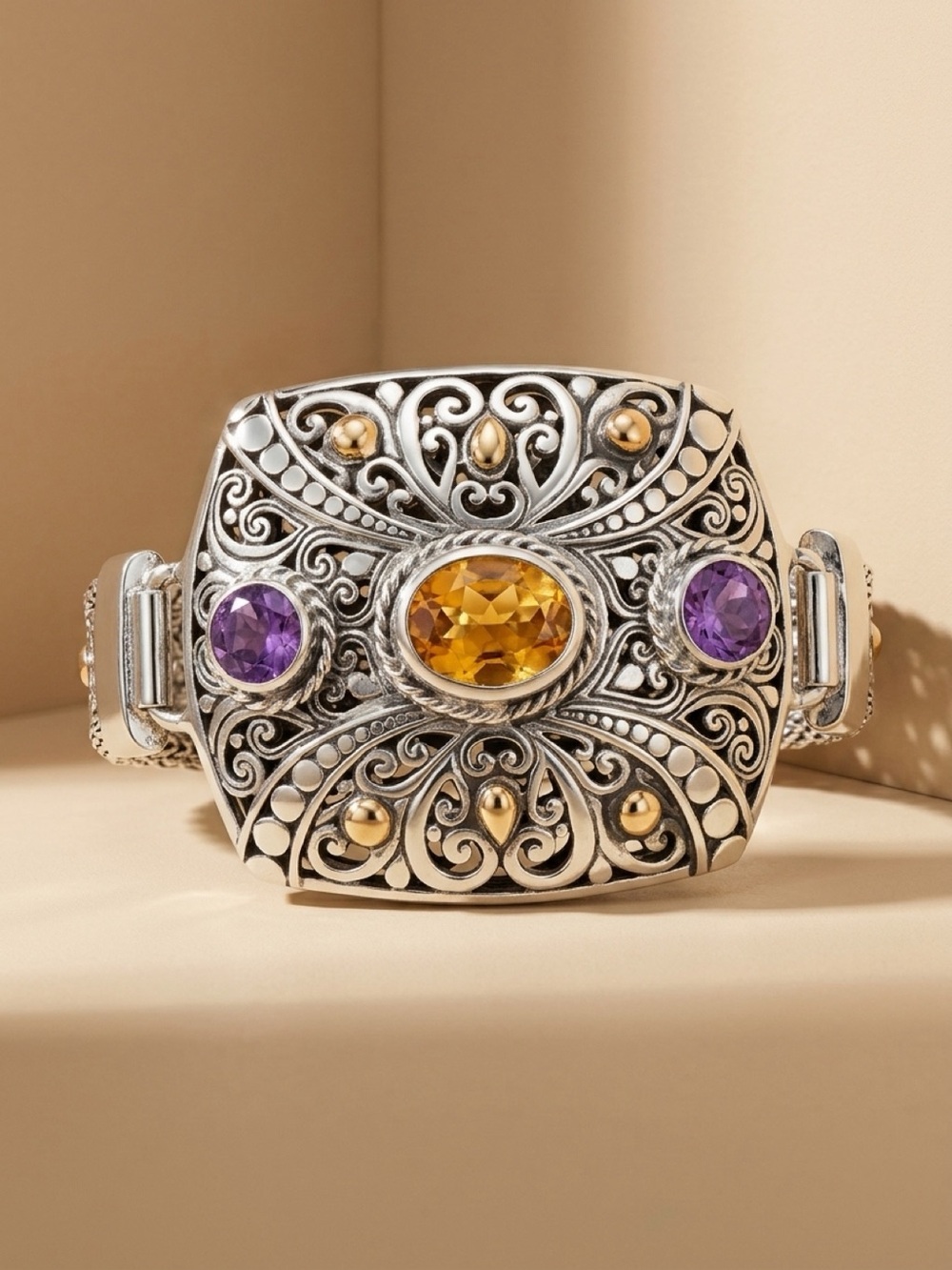 BALI Sterling Silver & 18k Citrine & Amethyst Bracelet